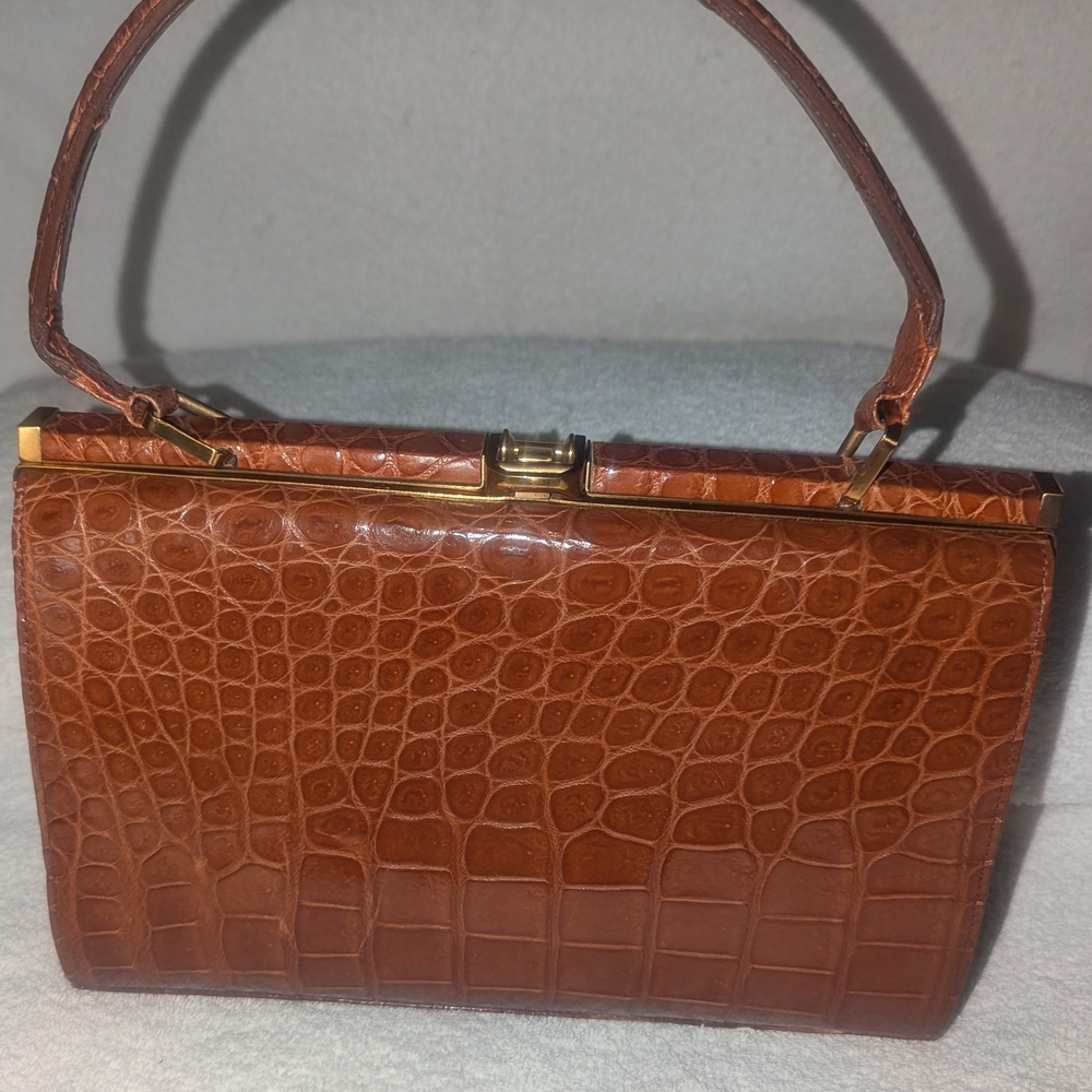 Brown Crocodile Embossed Handbag with Metal Frame